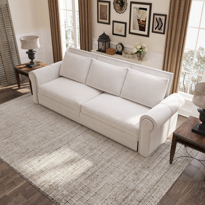 King Pull Out Sofa Bed, Chesterfield Sofa, 3 In 1 Velvet Convertible Sleeper Sofa With Nailhead Trim & Rolled Arm, Multifunctional Sofa Bed For Living Room - Beige