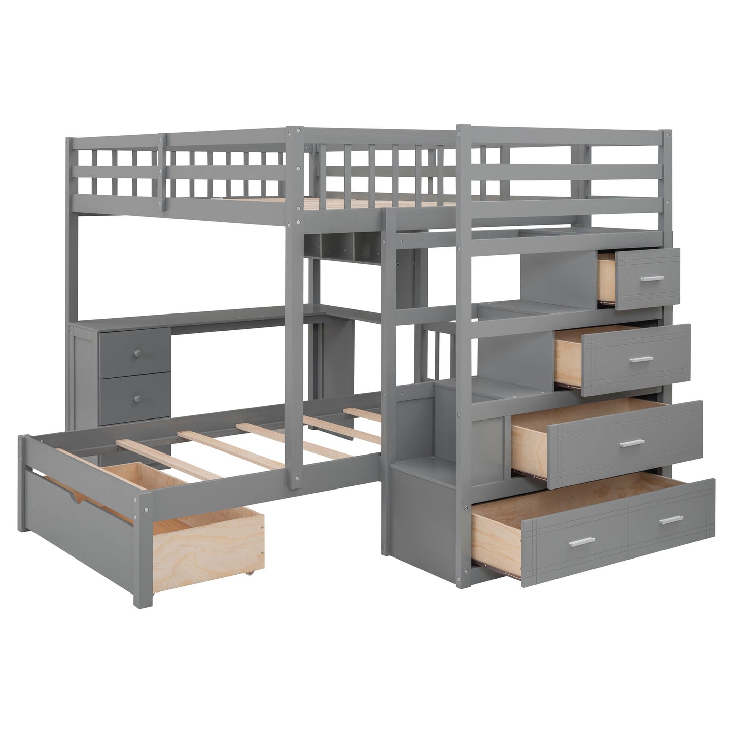 Full Over Twin Bunk Bed With Desk, Drawers And Shelves - Gray
