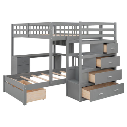 Full Over Twin Bunk Bed With Desk, Drawers And Shelves - Gray