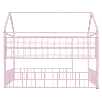 Full Size Bed House Frame With Fence And Shelves - Pink