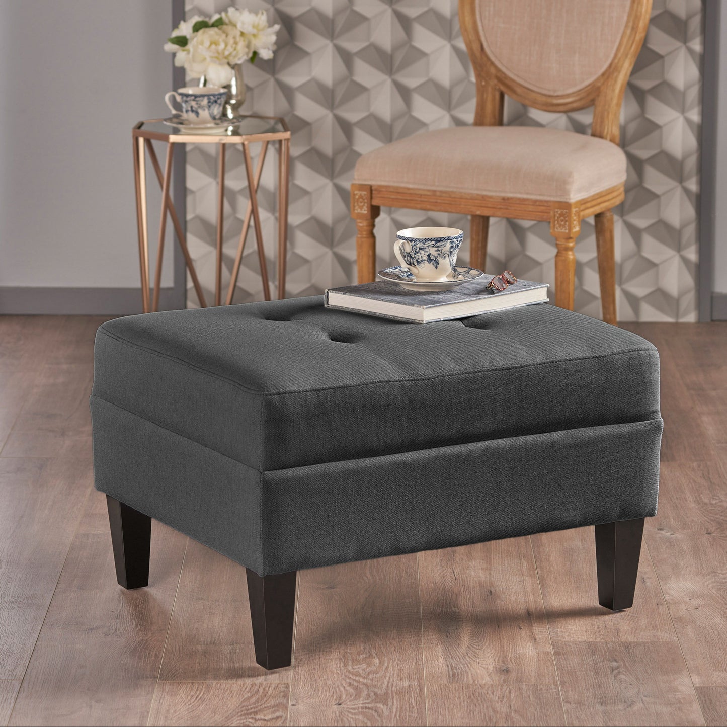Classic Fabric Ottoman With Birch Wood Legs And High Quality Foam Padding - Dark Gray