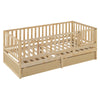 Twin Size Daybed With Fence Guardrails And 2 Drawers, Versatile Split Floor Bed & Daybed - Natural