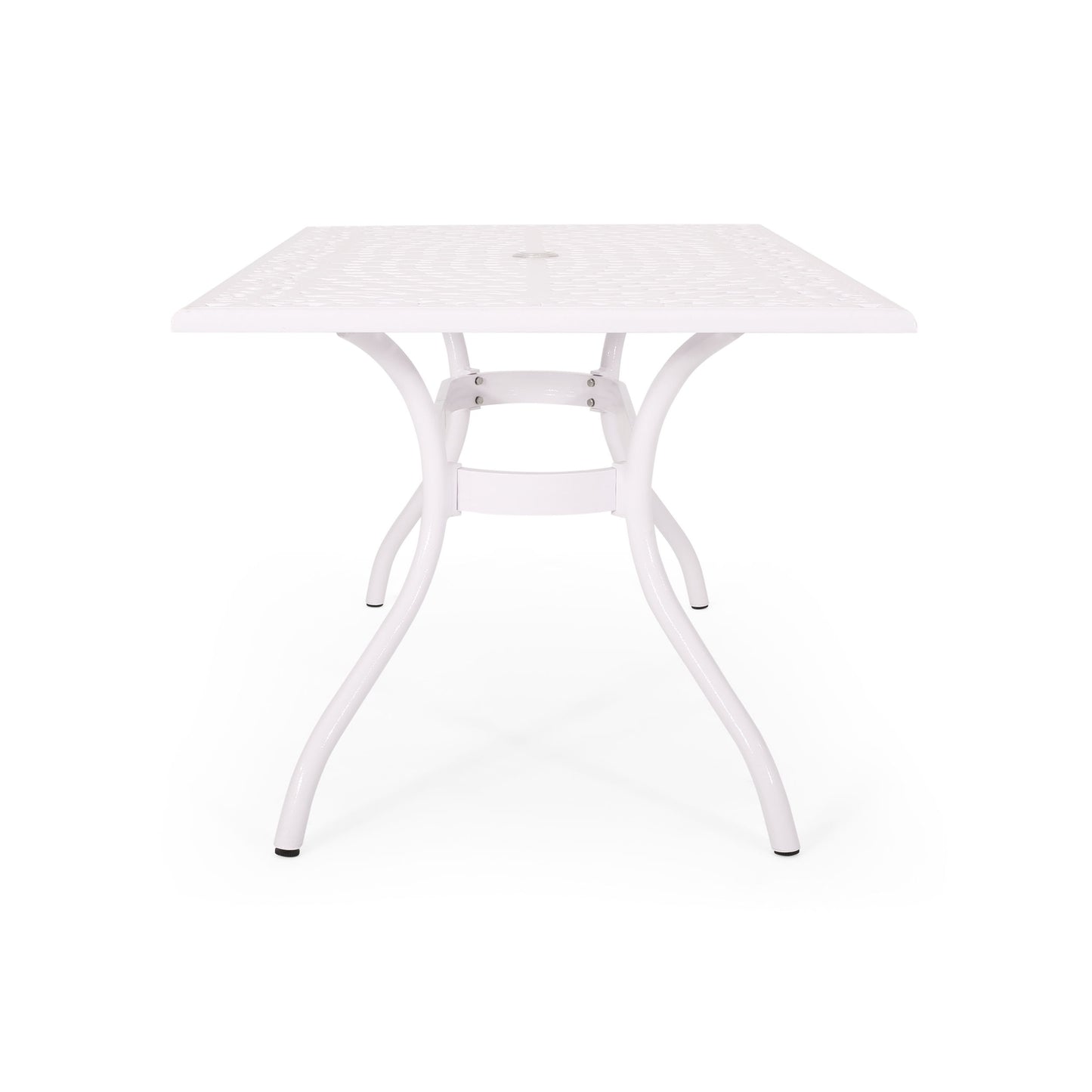 Celestine - Outdoor Cast Aluminum Dining Table With Floral Lattice Design And Umbrella Holder - White