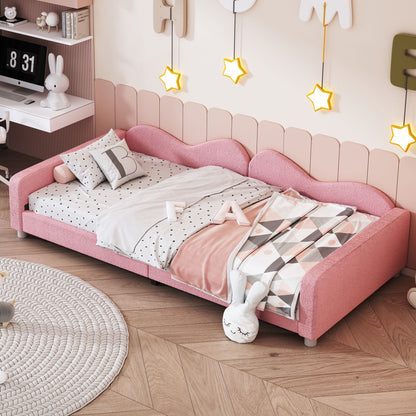 Twin Size Upholstered Daybed, Sherpa Fabric Sofabed With Cloud-Shaped Backrest, No Box - Spring Needed - Pink