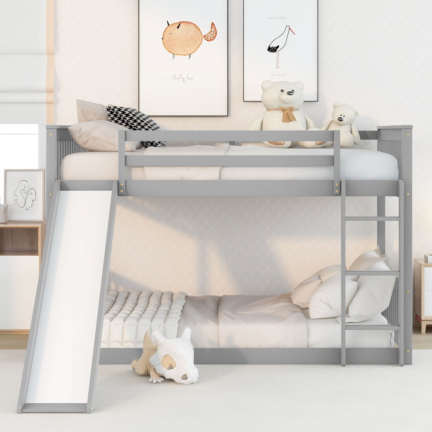 Full Over Full Bunk Bed With Slide And Ladder - Gray