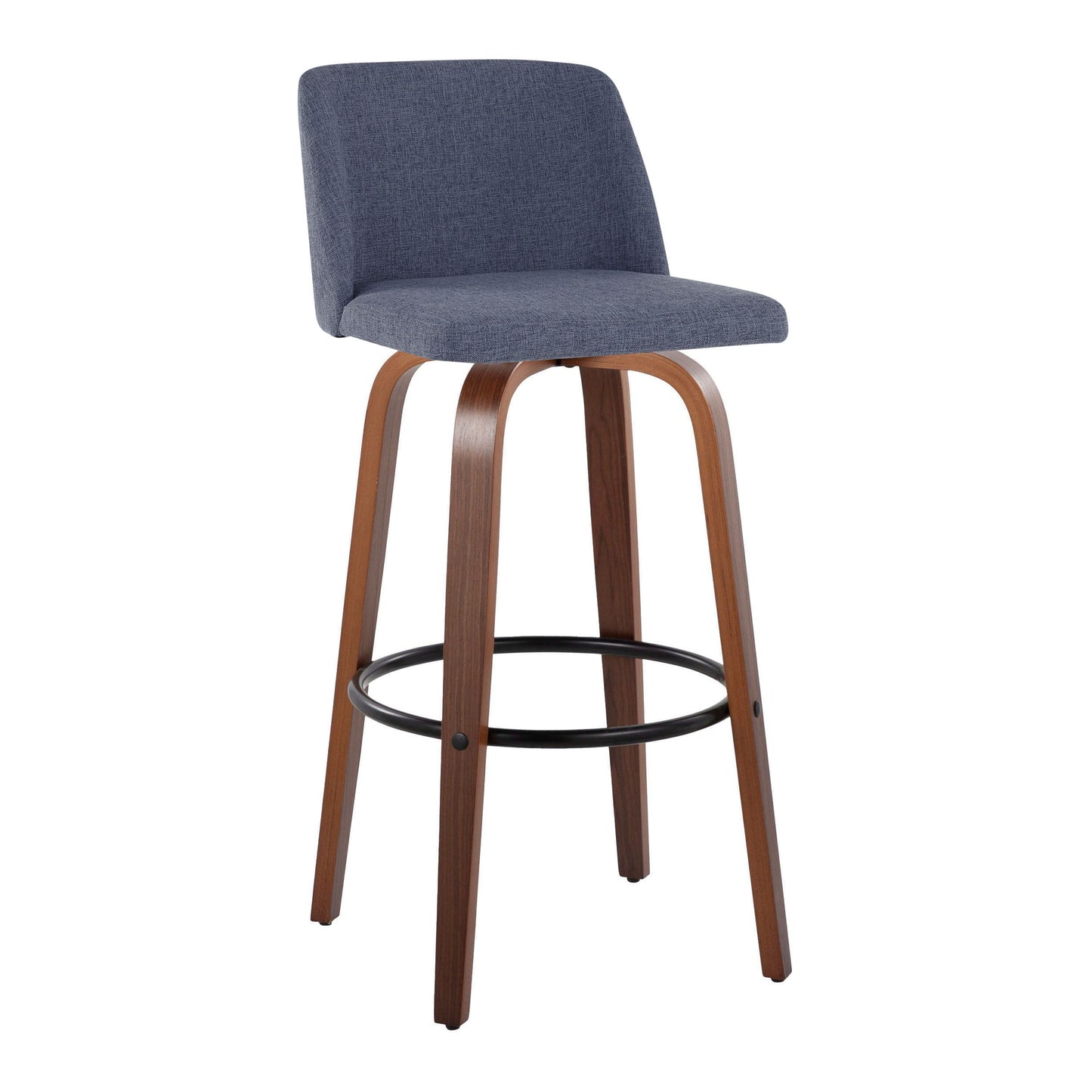 Toriano - Mid-Century Modern Fixed Height Barstool With Swivel With Round Footrest (Set of 2) - Walnut / Blue