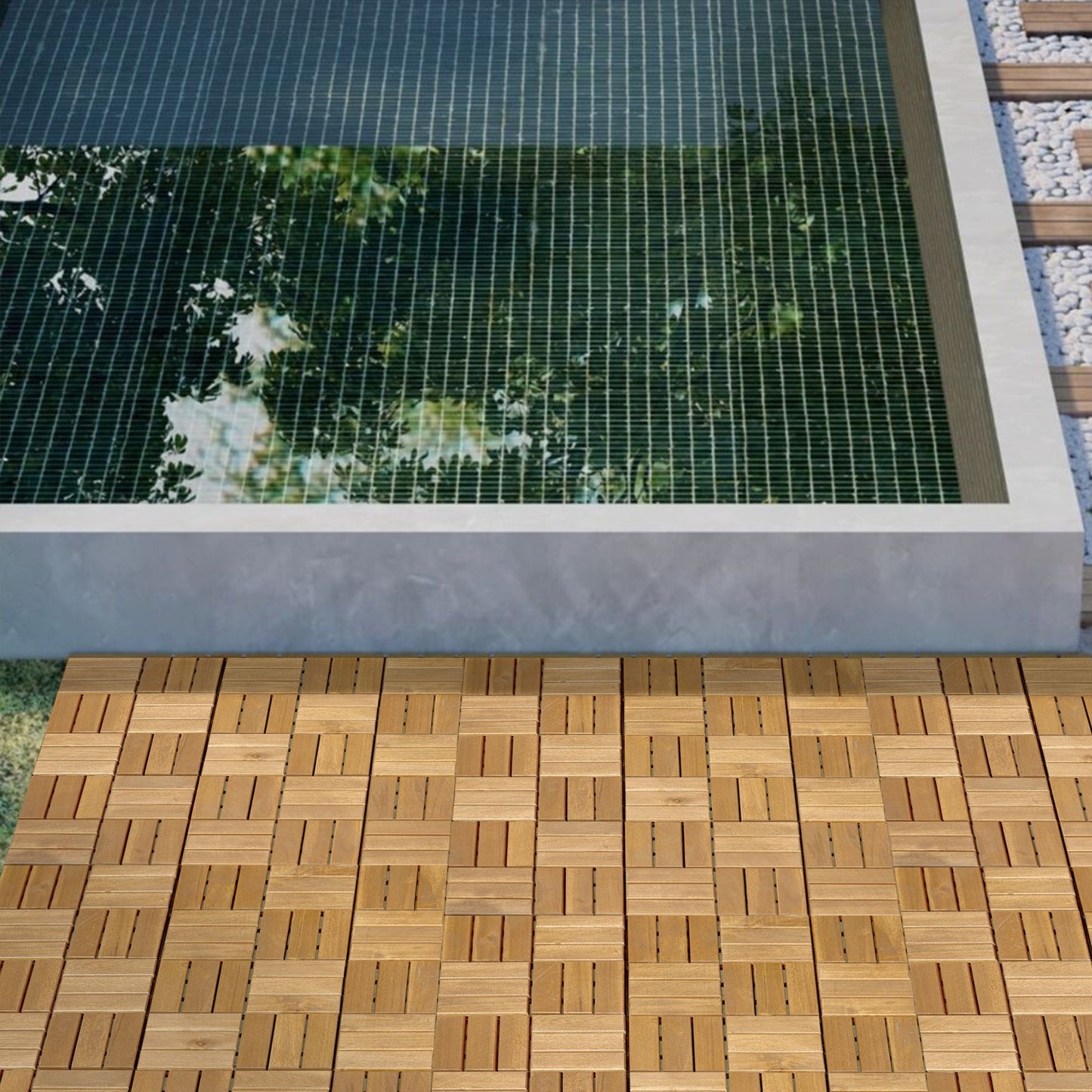 30 Piece Interlocking Deck Tiles Checker Pattern, Square Acacia Hardwood Outdoor Flooring For Patio, Bancony, Pool Side - Yellow