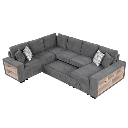 U-Shaped Sectional Sofa Pull-Out Sofa Bed With Two USB Ports, A Storage Chaise Lounge And Four Back Pillows For Living Room - Gray
