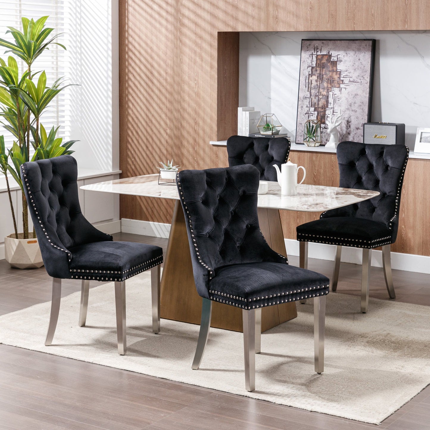 Nikki - Modern, High-End Tufted Solid Wood Contemporary Velvet Upholstered Dining Chair With Chrome Stainless Steel Plating Legs, Nailhead Trim (Set of 2) - Black / Chrome