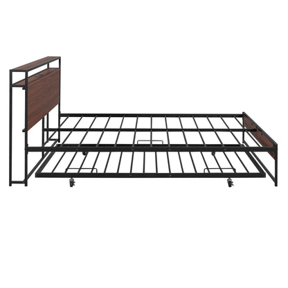Queen Size Platform Bed Frame With Trundle, USB Ports And Slat Support, No Box Spring Needed - Black