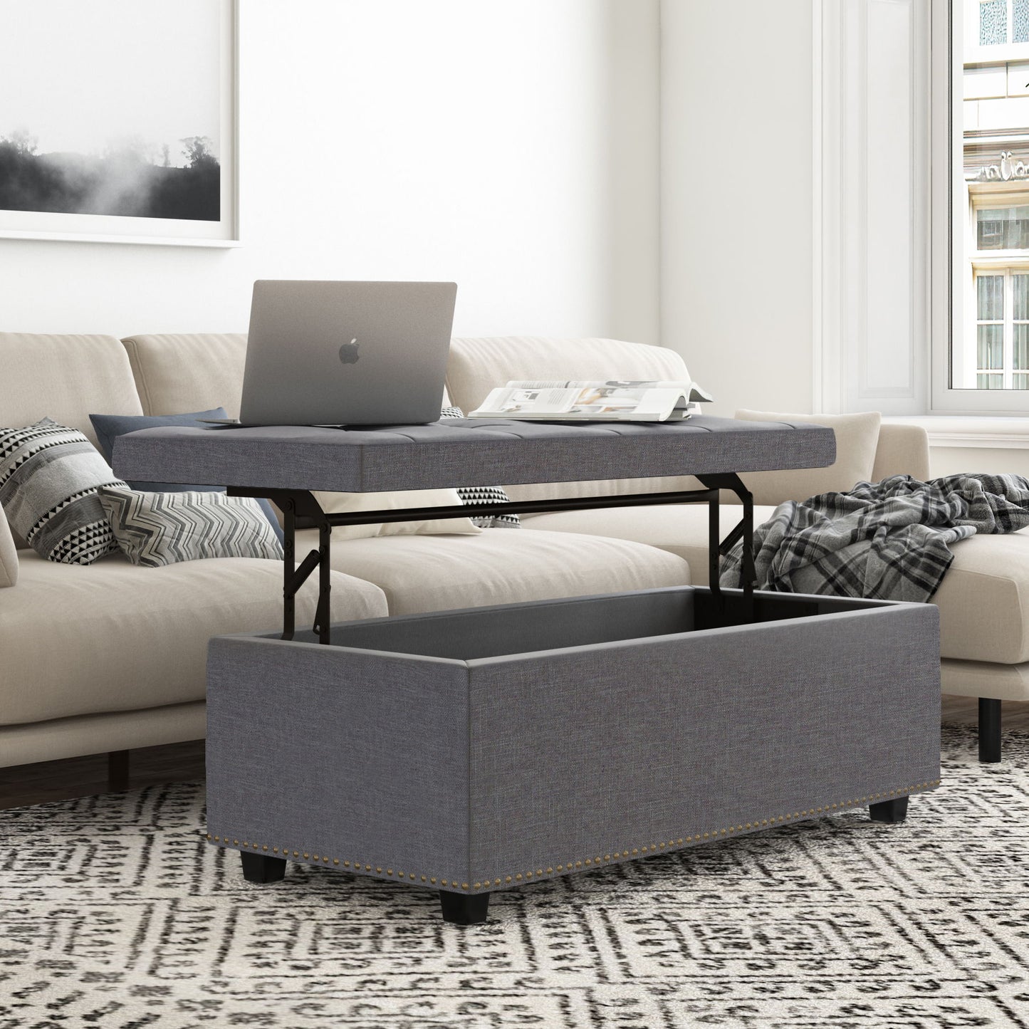 Hamilton - Lift Top Rectangular Storage Ottoman - Slate Gray