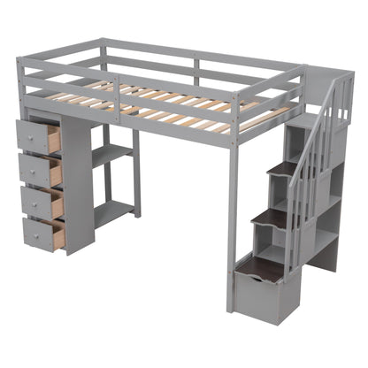 Twin Size Loft Bed With Storage Drawers And Stairs With Shelves - Gray