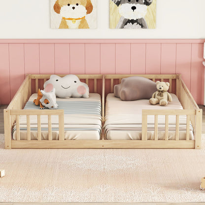 Double Twin Floor Bed With Fence, Guardrails, Without Door - Natural