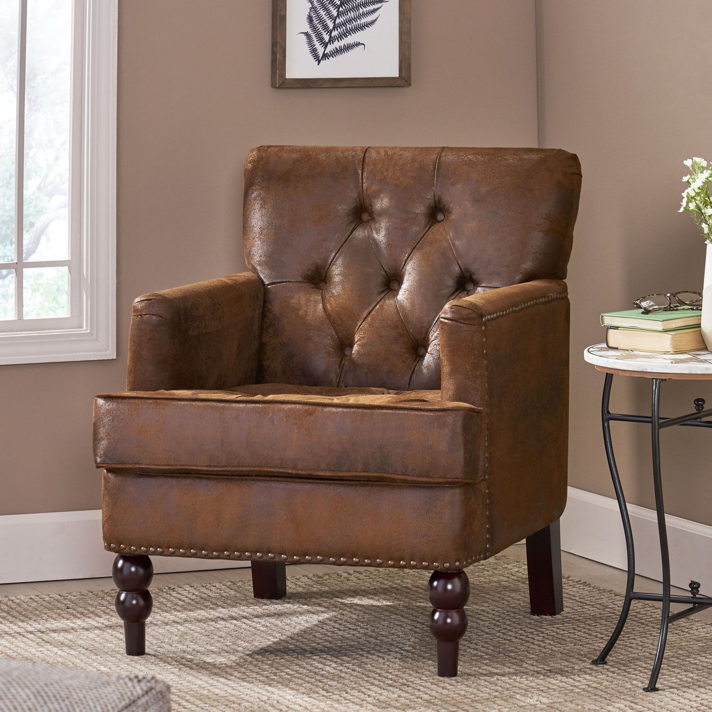 Vitality - Club Chair With Button Tufted Diamond Stitching And Turned Legs - Brown