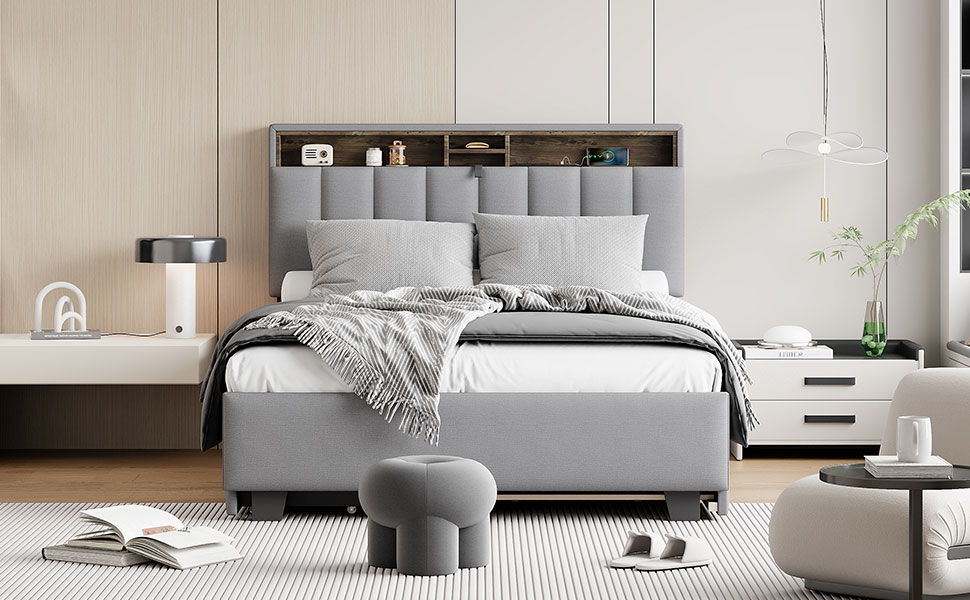 Full Size Upholstered Platform Bed With Storage Headboard, Twin Size Trundle & 2 Drawers And A Set Of Sockets & USB Ports - Gray