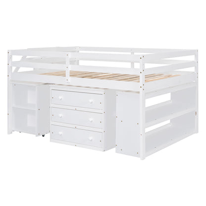 Full Size Loft Bed With Retractable Writing Desk And 3 Drawers With Storage Stairs And Shelves - White