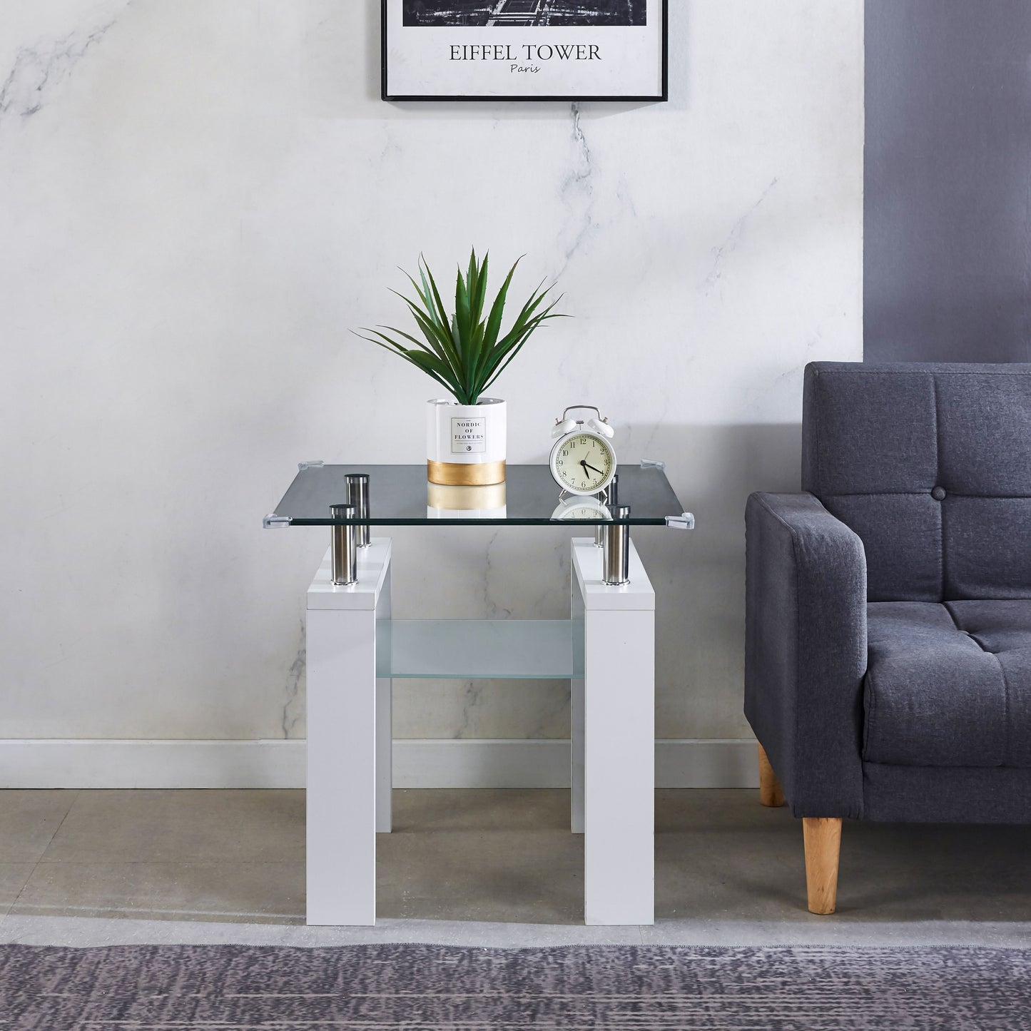 Clear Glass Top Side Table, End Table, Modern Design For Home - White