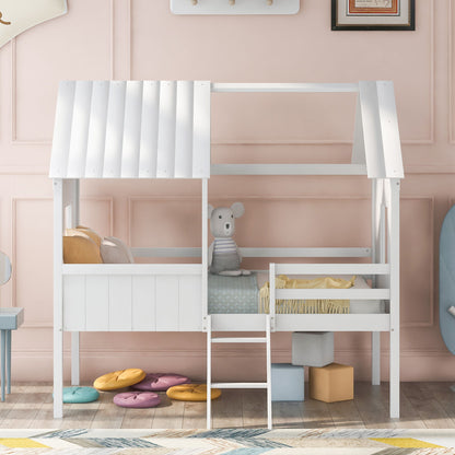 Twin Size Low Loft House Bed With Two Side Windows - White