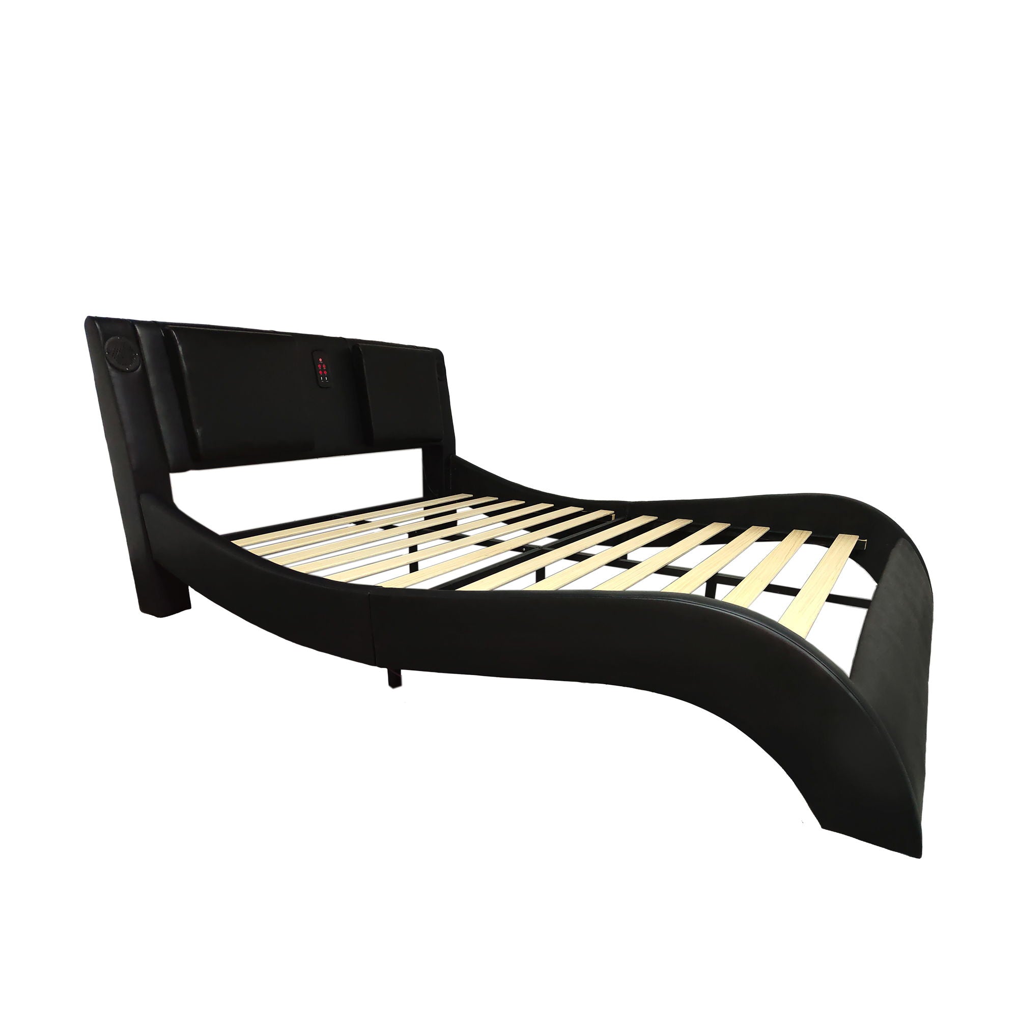 King Size Upholstered Platform Bed Frame With LED Lighting, Bluetooth Connection To Play Music Control, Backrest Vibration Massage, Curve Design, Wood Slat Support, Exhibited Speakers - Black