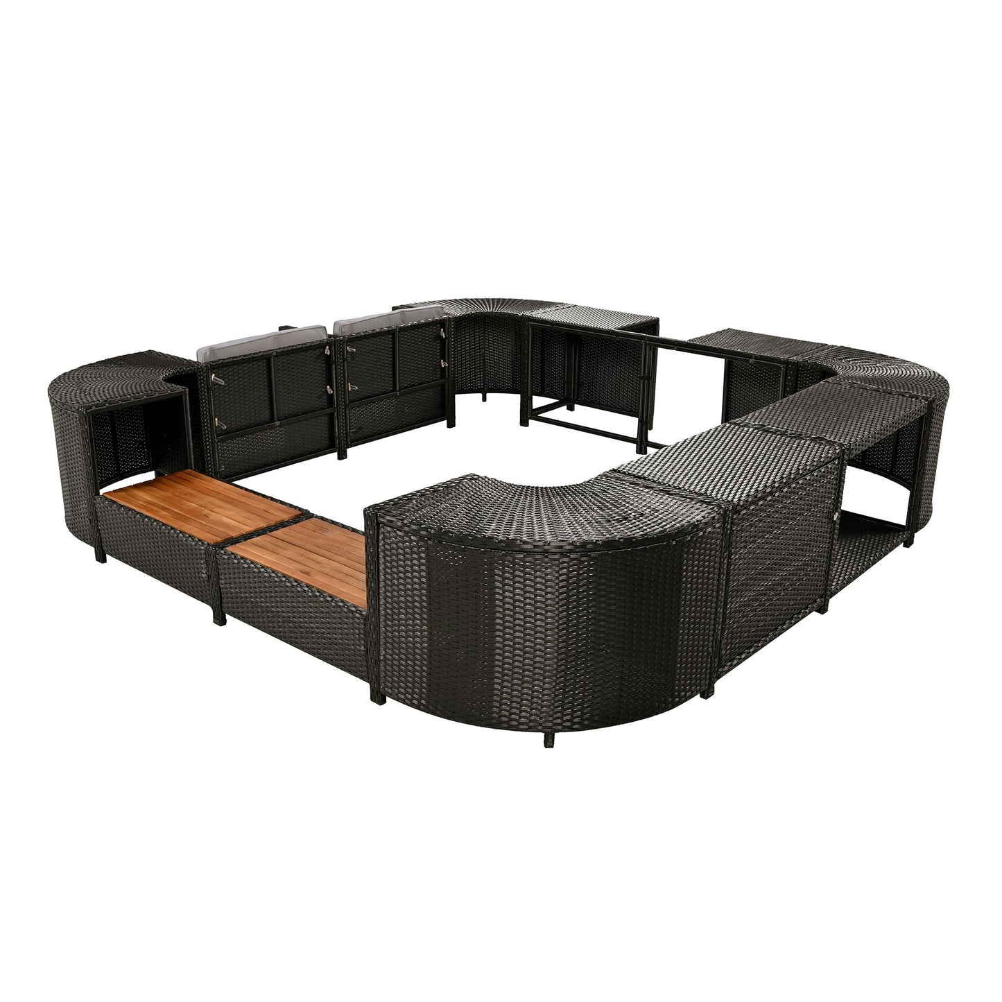 Spa Surround Spa Frame Quadrilateral Outdoor Rattan Sectional Sofa Set With Mini Sofa, Wooden Seats And Storage Spaces - Gray