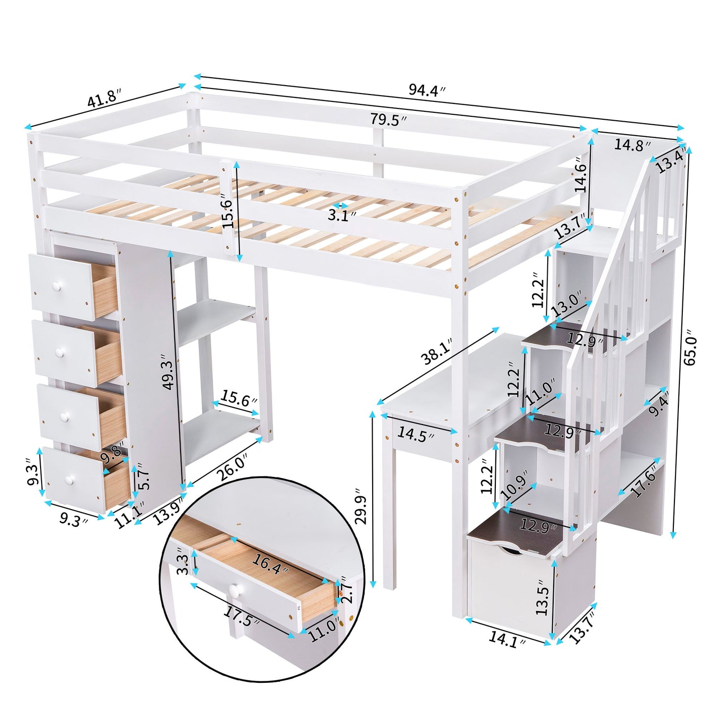Twin Size Loft Bed With Storage Drawers, Desk And Stairs With Shelves - White