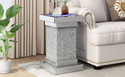 Square Mirrored End Table With Led Lights, Modern Side Table With Crushed Diamond For Living Room - Silver