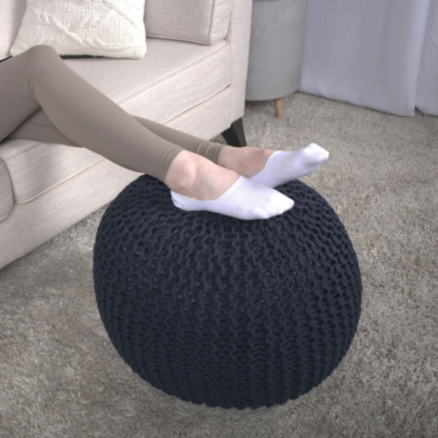 Bordeaux - Knitted Cotton Round Pouf Ottoman And Floor Cushion - Navy Blue