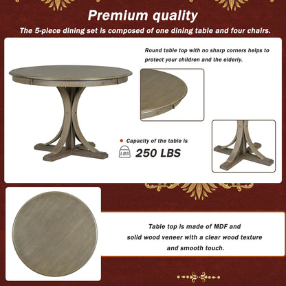 5 Piece Retro Round Dining Table Set With Curved Trestle Style Table Legs And 4 Upholstered Chairs For Dining Room - Taupe