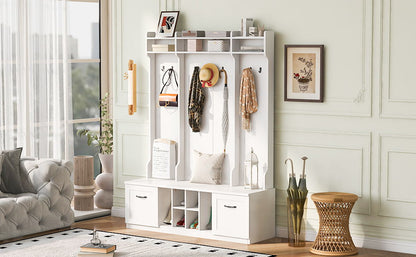 5 In 1 Entryway Bench With Coat Rack, 7 Sturdy Hooks, 2 Spacious Drawers And Adjustable Shelves, Wide Hall Tree With Metal Handles For Hallway - White