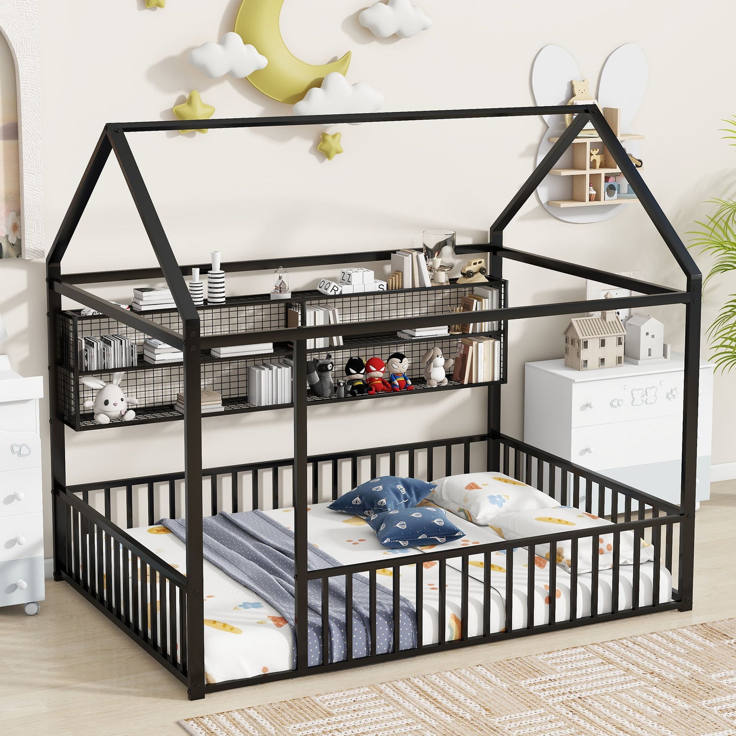 Full Size Bed House Frame With Fence And Shelves - Black