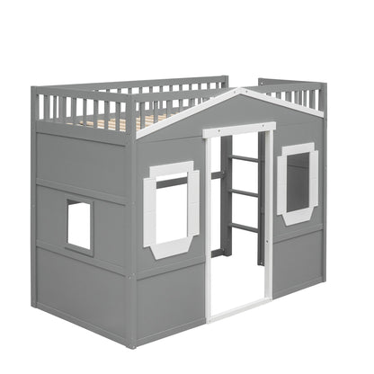 Twin Size House Loft Bed With Ladder - Gray / White