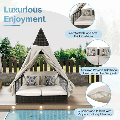 Outdoor Daybed Patio Lounge Bed With Adjustable Backrest Double Sun Lounger With Curtains, 4 Pillows For Garden Patio Poolside Balcony Beach - Beige