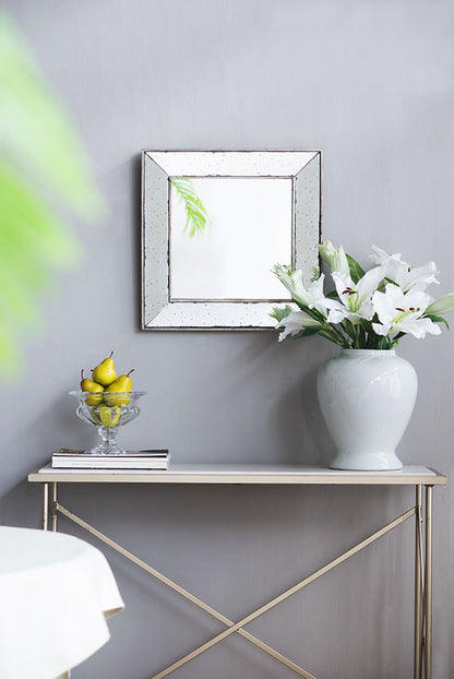 Distressed Square Accent Mirror, Traditional Style Framed Wall Mirror For Living Room, Entryway, Office, Bedroom, Hallway - Silver