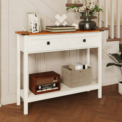 Farmhouse Style Console Table With 2 Drawers And Bottom Storage Shelf - Antique White
