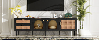 Rattan TV Stand With 3 Cabinets & 2 Drawers, Rattan-Inspired Media Console Table For Tvs Up To 80'', LED Light Entertainment Center, TV Cabinet For Living Room - Black