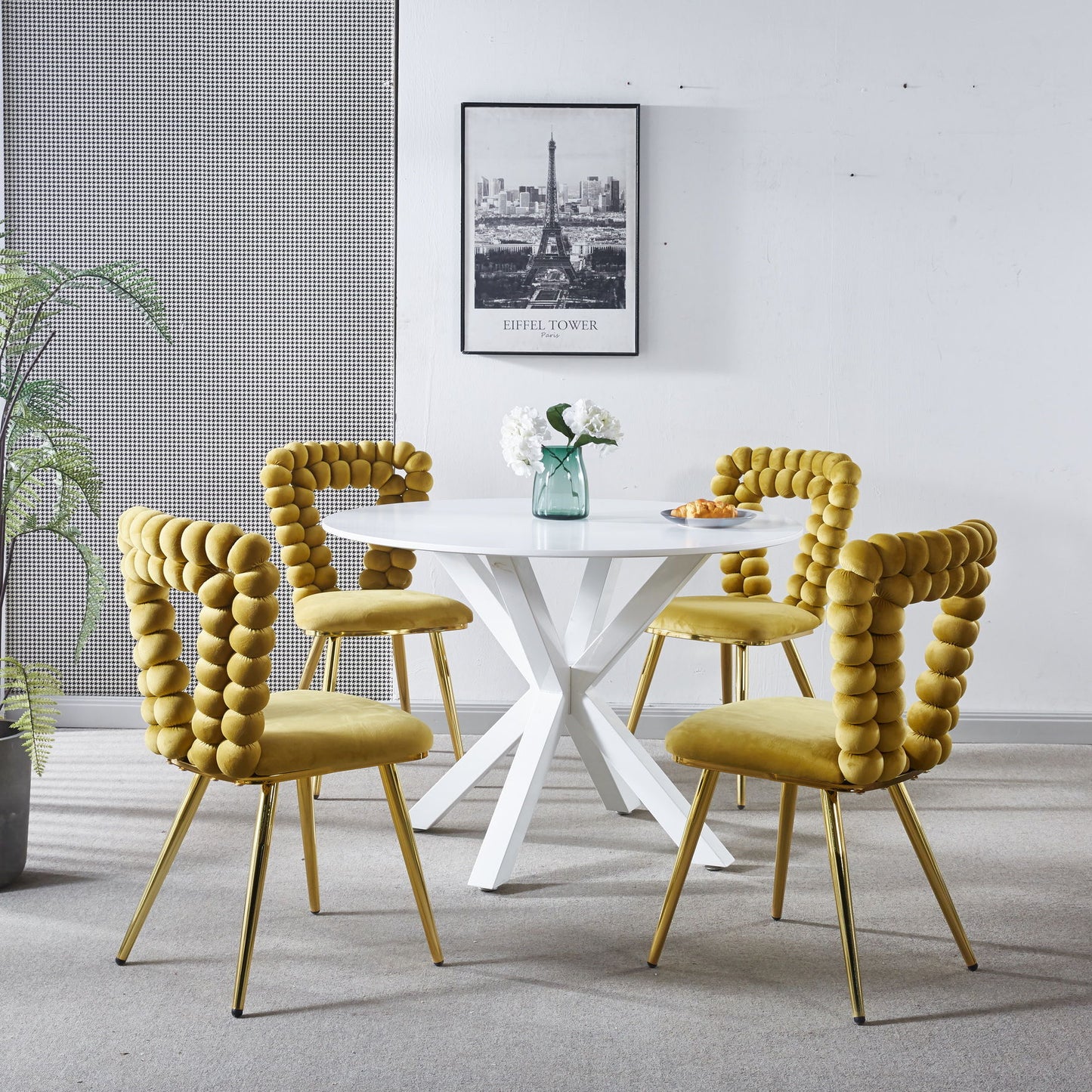 Modern Chair With Iron Tube Legs, Soft Cushions And Comfortable Backrest, Suitable For Dining Room, Living Room, Cafe, Hairball Back (Set of 4) - Yellow / Gold