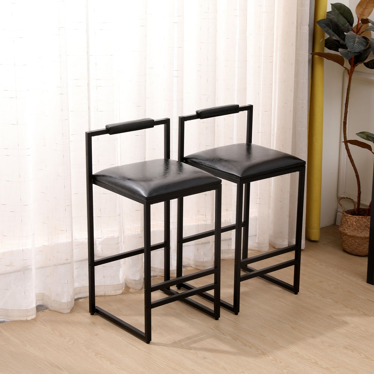 Elegant Bar Stool Set With Backrest And Footrest, Upholstered, Iron Frame, Counter Height - Black