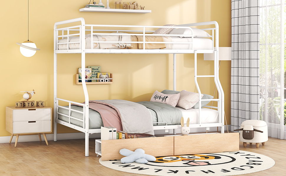 Full Long Over Queen Bunk Bed With 2 Drawers - White