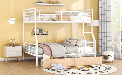 Full Long Over Queen Bunk Bed With 2 Drawers - White