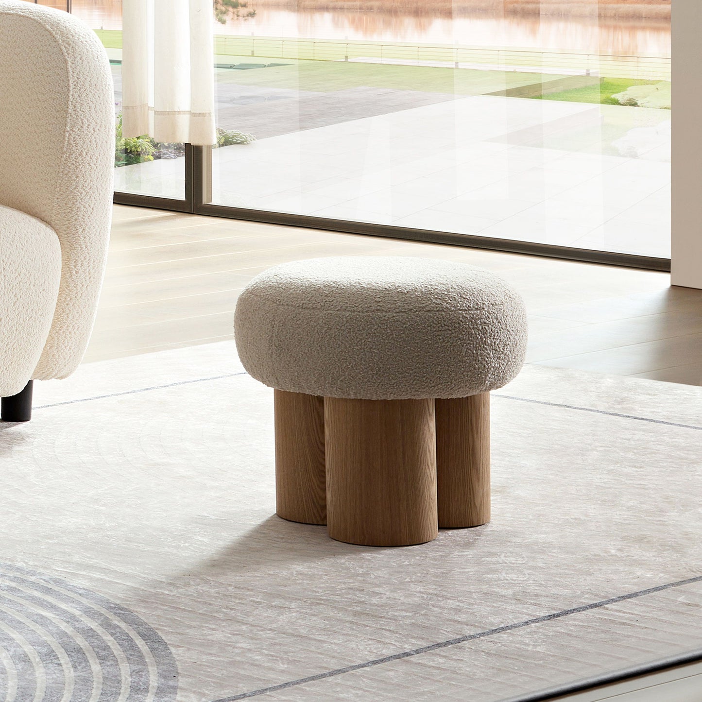 Mushroom Stool With Plush Cushion, Wooden Barrel Pipe - Greige / Walnut