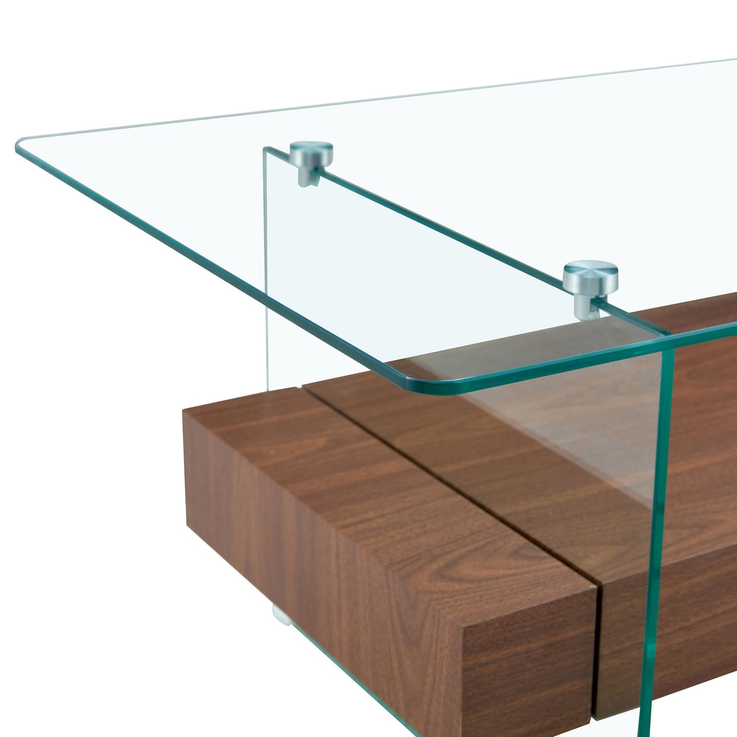 Modern 2 Tier Coffee Table With Drawer Clear Tempered Glass, Multifunctional Storage - Transparent / Wood