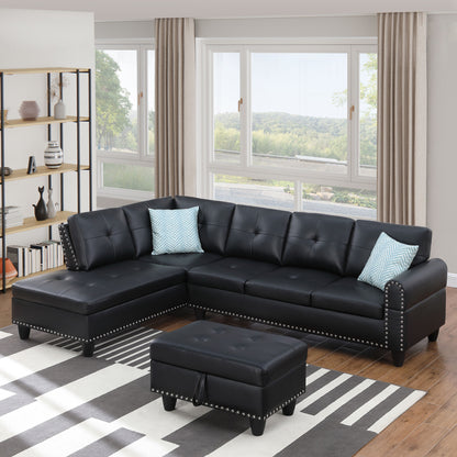 Irine - Faux Leather Sectional Sofa With Ottoman - Black