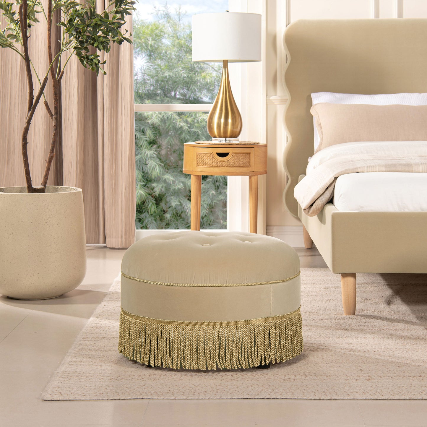 Yolanda - Round Upholstered Accent Ottoman - Fawn Brown