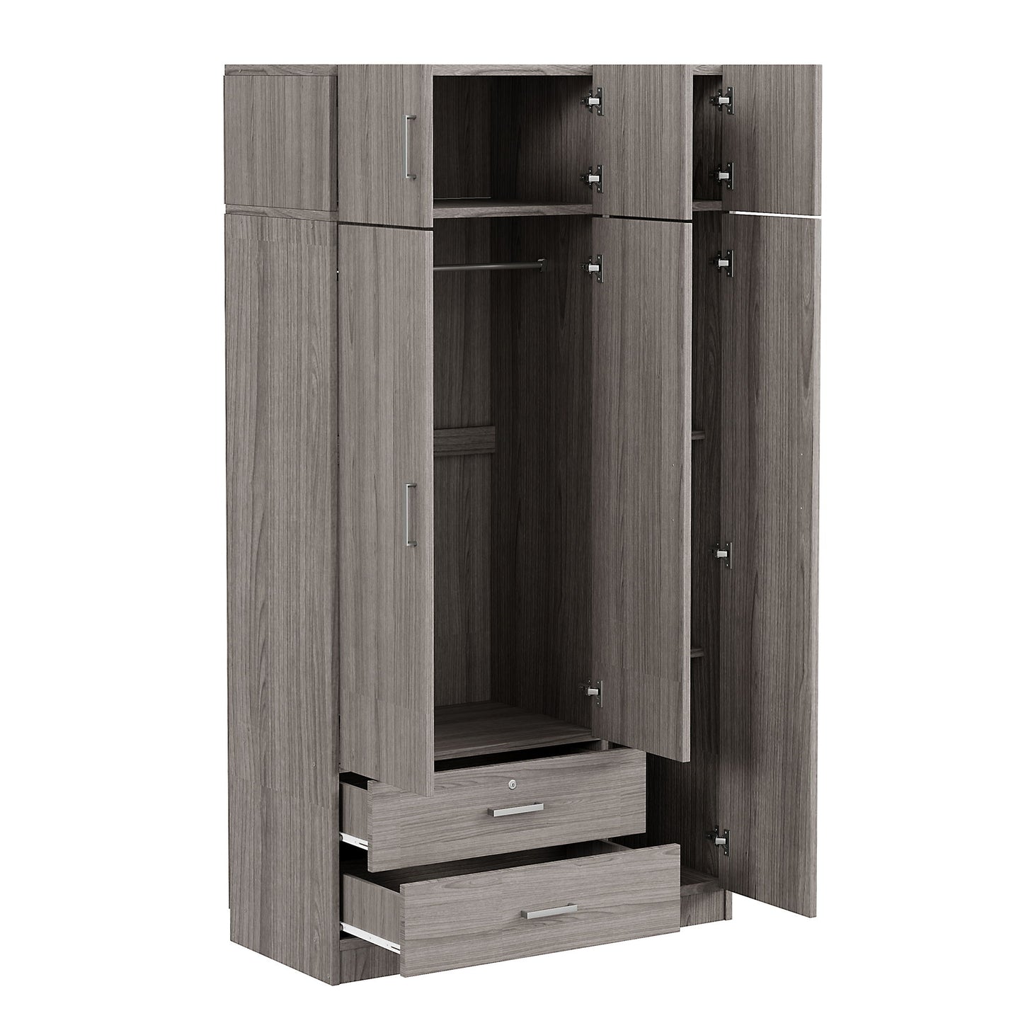 Modern 3 Door Mirror Wardrobe With 2 Drawers And Top Cabinet - Gray