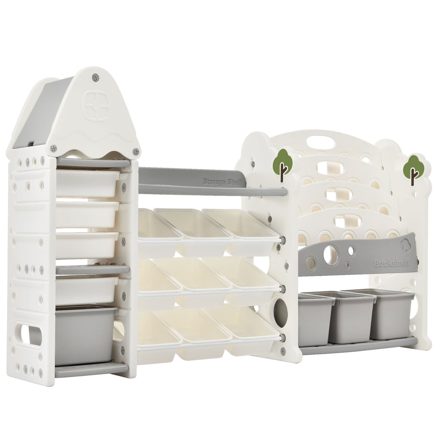 Kids Bookshelf Toy Storage Organizer With 17 Bins And 5 Bookshelves, Multi-Functional Nursery Organizer Kids Furniture Set Toy Storage Cabinet Unit With HDPE SheLF And Bins - Gray