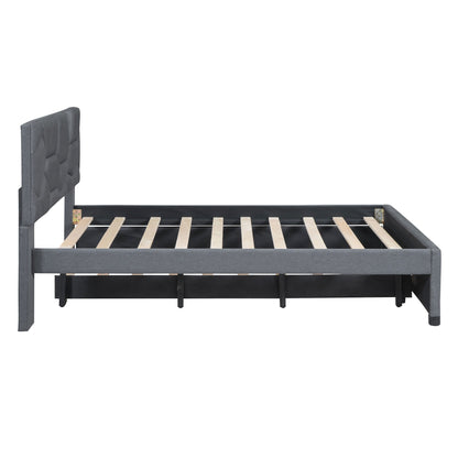 Full Size Upholstered Platform Bed With Brick Pattern Headboard And Twin Size Trundle - Gray
