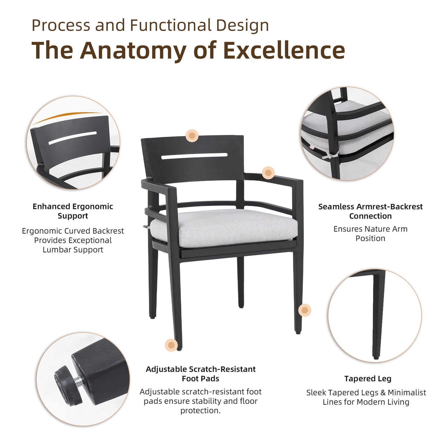 5 Piece Outdoor Pedestal Dining Set, Rounded Square Table With Flared Base And 4 Armchairs - Ember Black