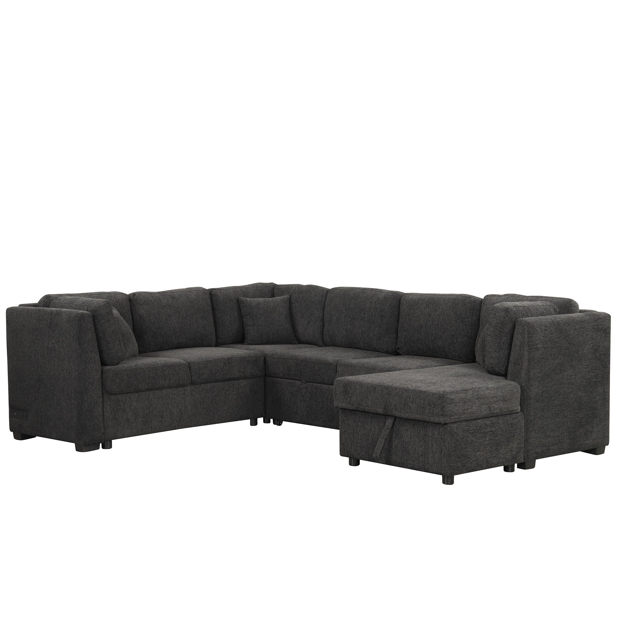 U-Shaped Sectional Sofa Pull Out Sofa Bed With Two USB Ports, Two Power Sockets, Three Back Pillows And A Storage Chaise For Living Room - Black