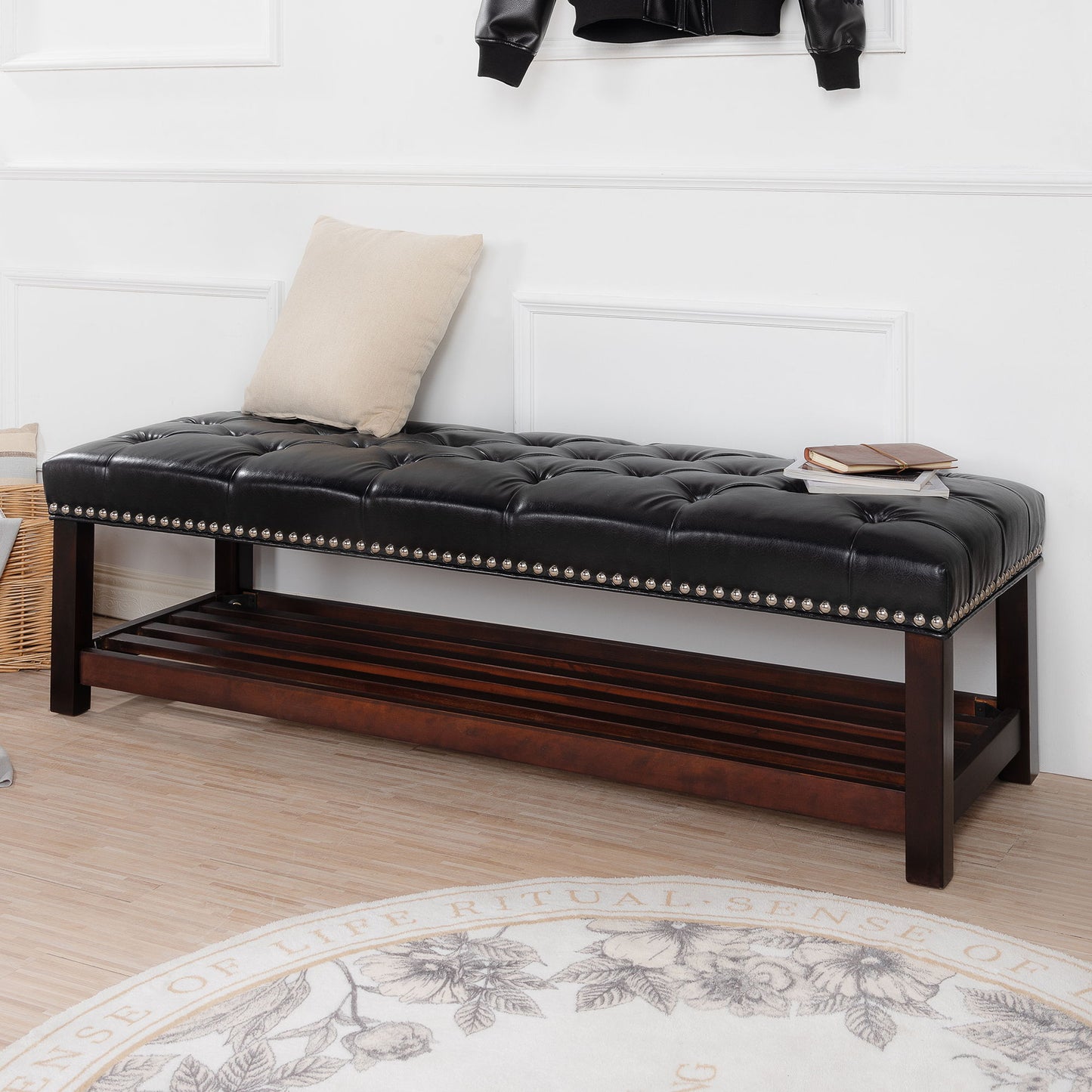 Wooden Base Upholstered Bench For Bedroom For Entryway - Black