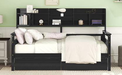 Twin Size Daybed, Slat Support, With Bedside Shelves And 2 Drawers - Espresso